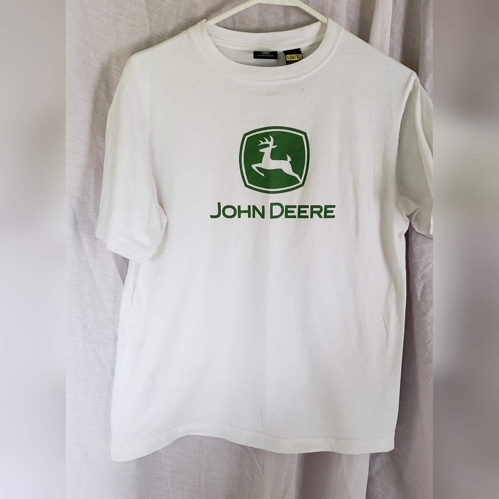 John Deere Green and Yellow Logo on White Fabric
